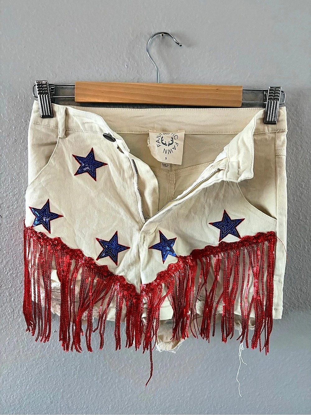 Fantastic Fawn Cream Star Sequin Patch W/ Sequin Fringe Shorts Fringe Jean